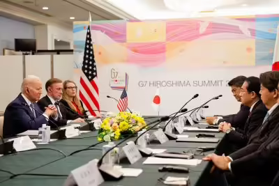 US President Joe Biden attends a meeting with Japanese Prime Minister Fumio Kishida, ahead the G7 Summit, at RIHGA Royal Hotel Hiroshima, in Hiroshima, Japan, 18 May 2023 (Photo: Reuters/Jonathan Ernst)